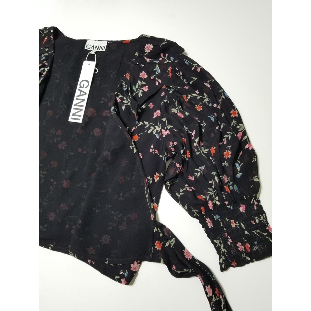 NWT GANNI Floral Print Georgette Wrap Blouse - Black & Pink 🌸 EU 38 (US 6) $160 - Picture 8 of 16